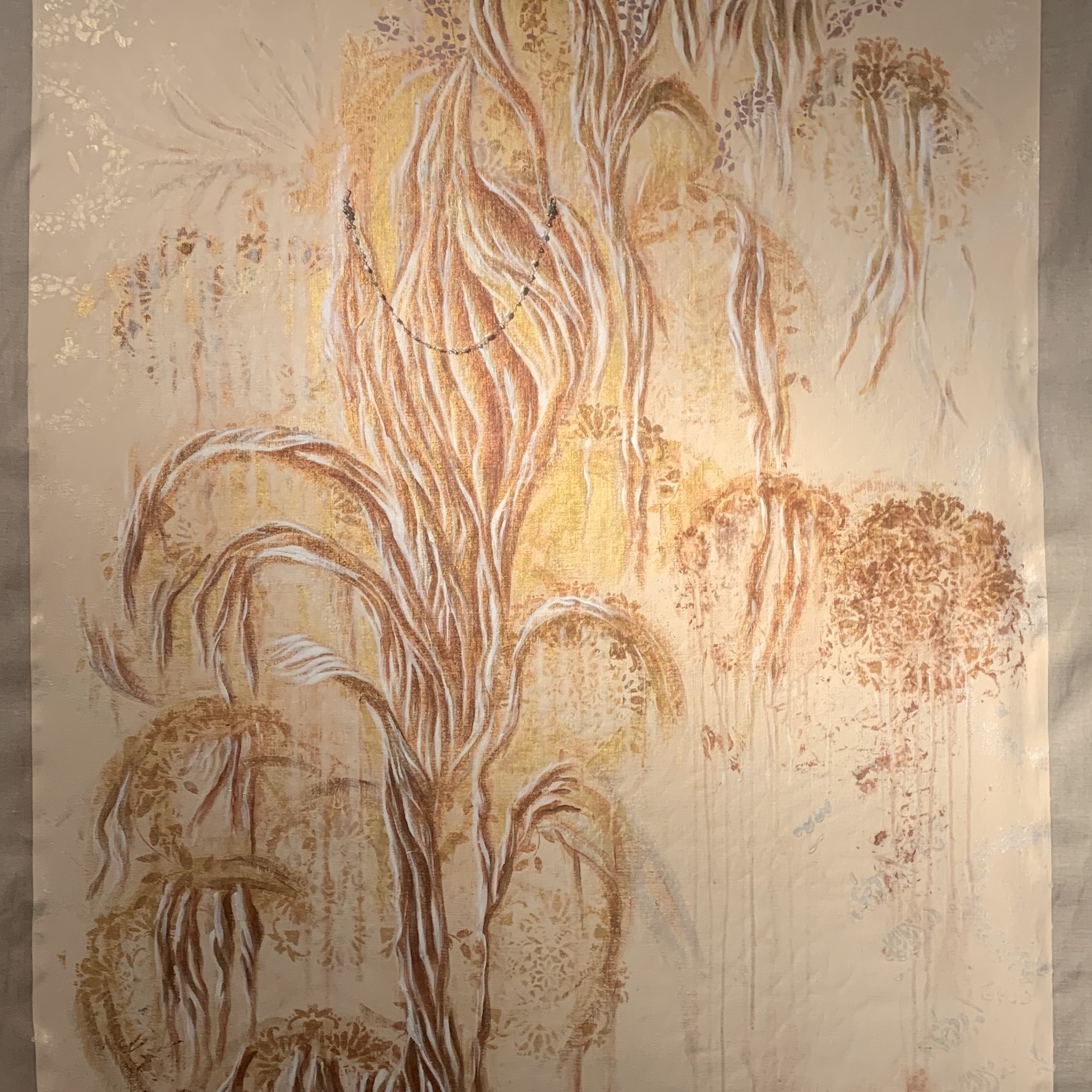 RR/760/22: Painting on brown canvas with brown and white paint of nature 