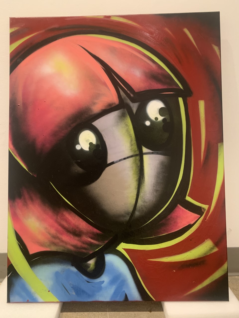 Lock Down Painting 3, image is the face of a girl with pink hair and large black eyes