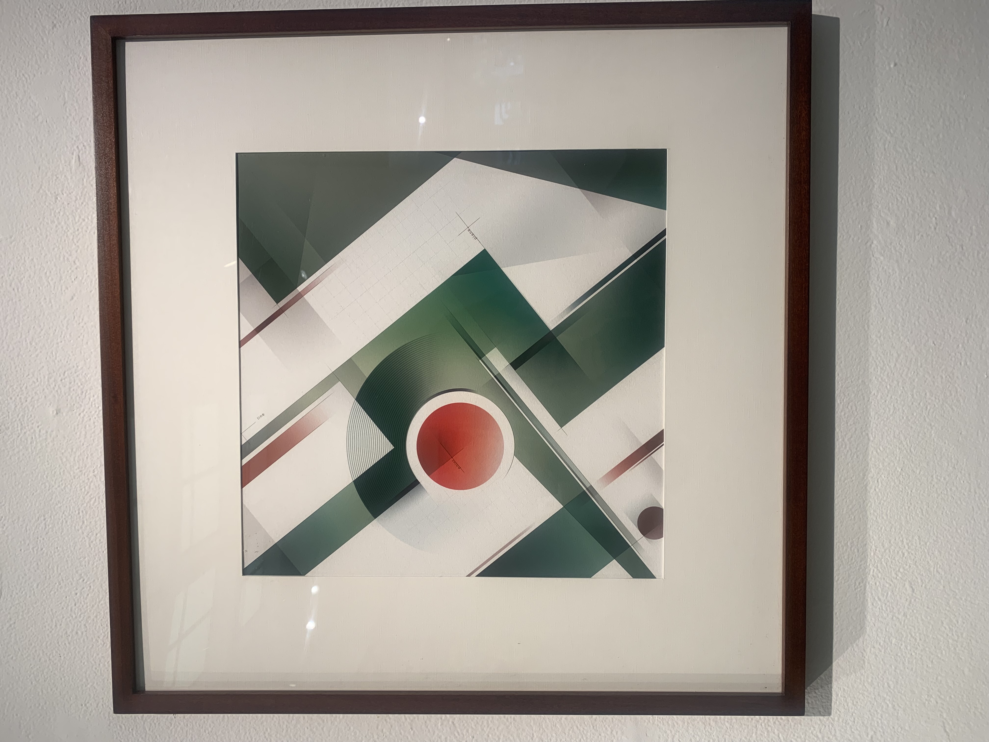 Point, Line, and Plane # 9: Image description: Green, white, and red geometric artwork