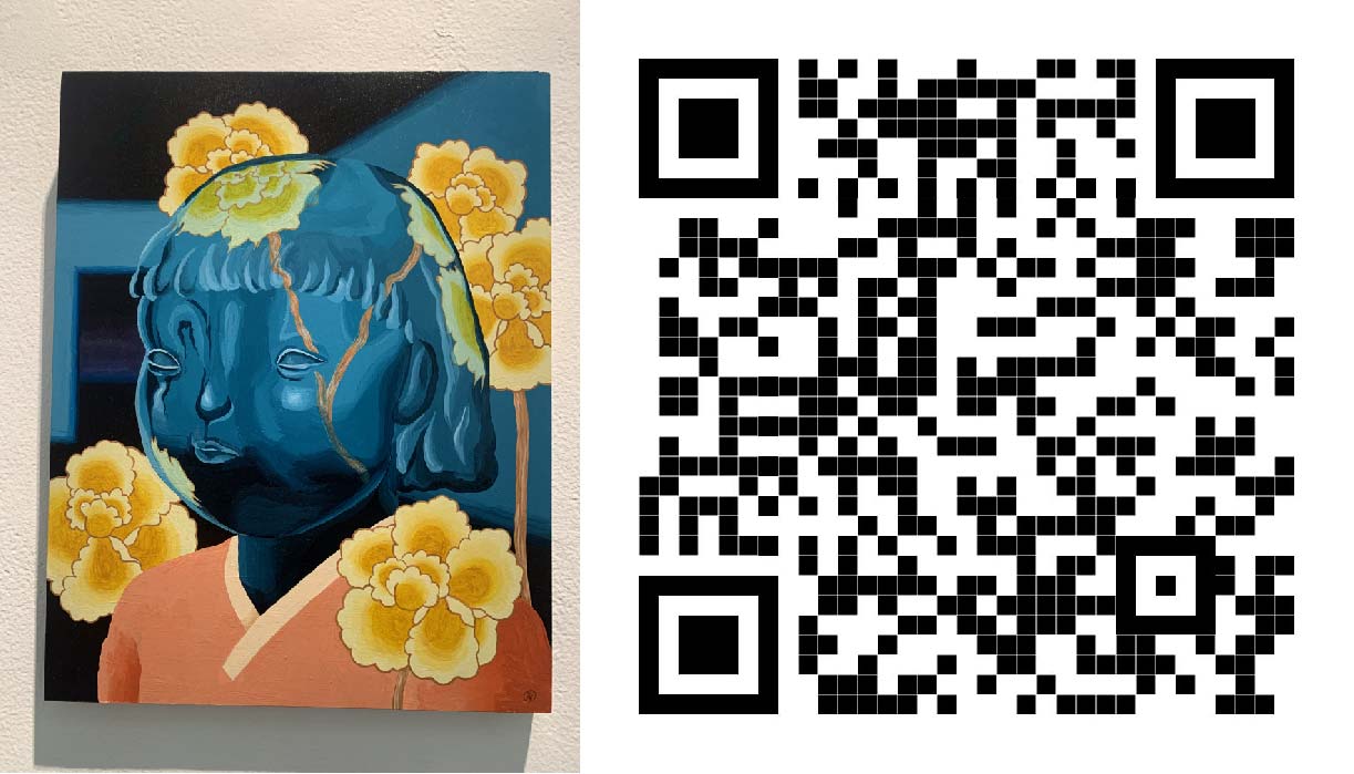 The Invisible: Image description: painting of a transparent woman with yellow flowers in the background, qr code