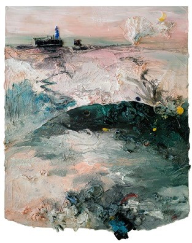 Pollution, From Land to Water: Image description: pink, white and blue painting of pollution in the ocean with boat