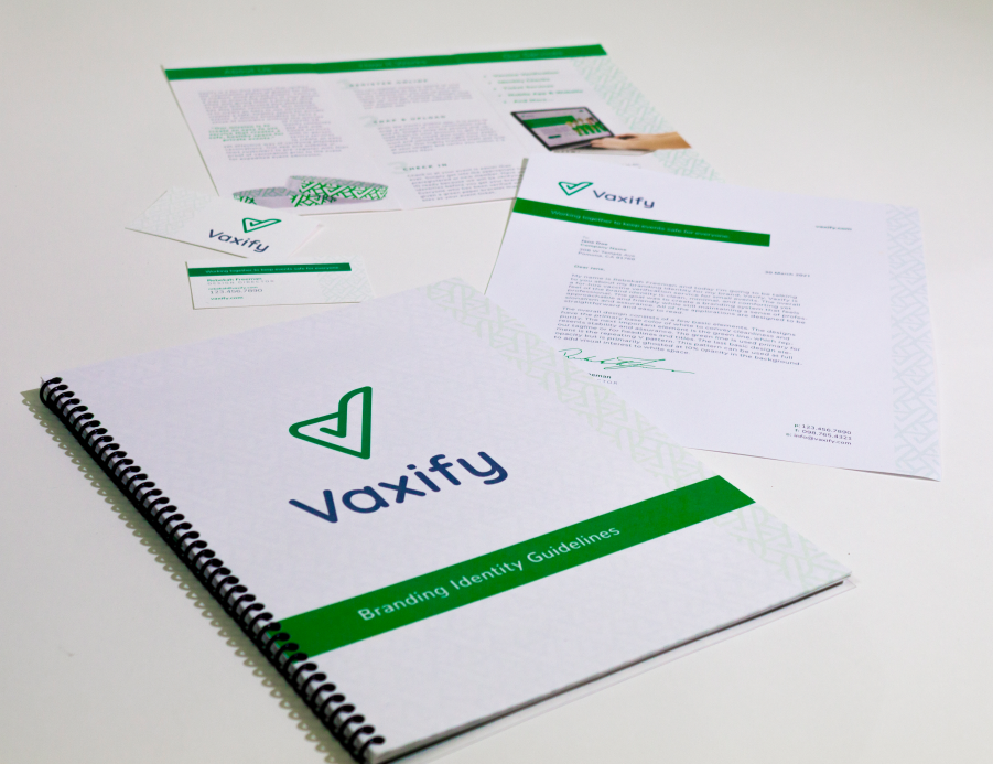 Vaxify Branding Identity Booklet, Business Card, Trifold, Letterhead