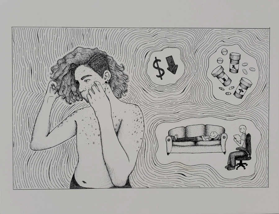Ross Gomez Perez​  Scars and Scabs, 2022​ Micro pen on Illustration Board​ 11 x 14“​  Courtesy of the artist 
