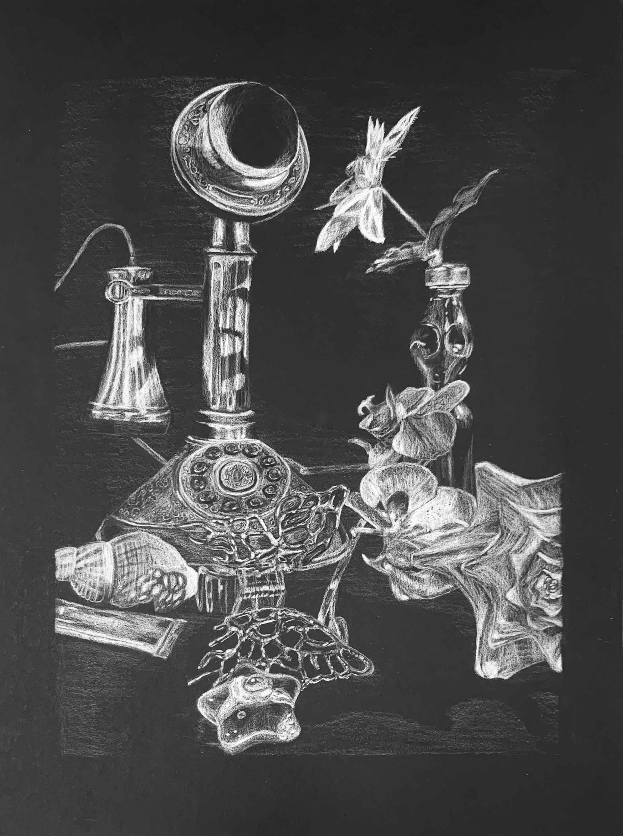 A white prisma color drawing of a telephone and multiple trinkets on a black illustration board