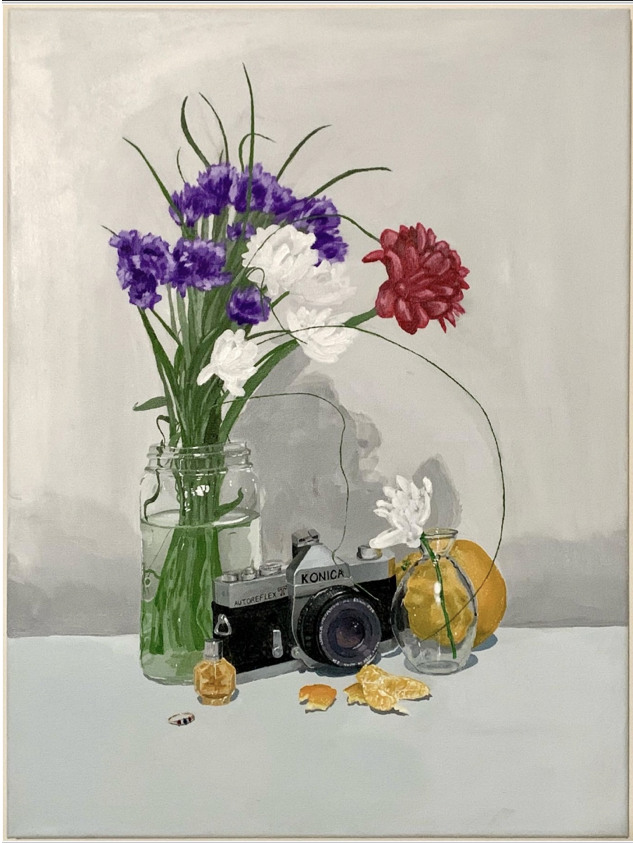 An acrylic painting of flowers and a camera
