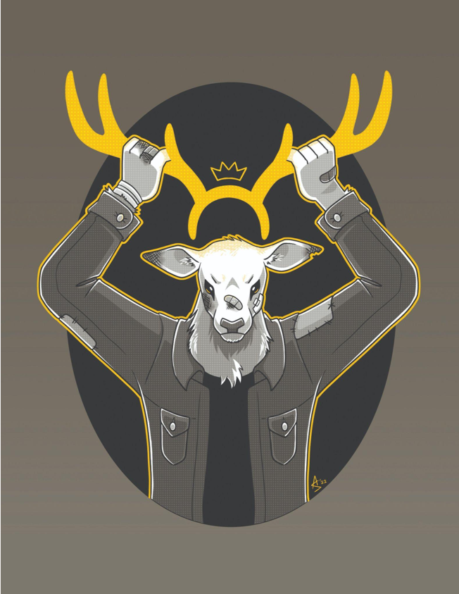 An illustration of a deer like character holding it's antlers