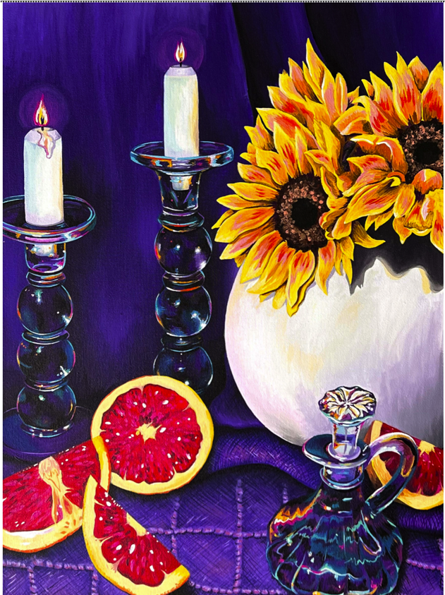 A painting of sunflowers, fruit, and glass objects