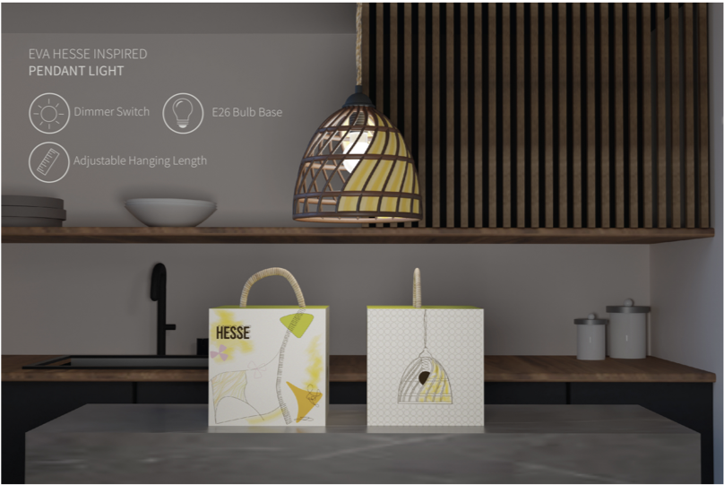 A photograph of a fictional lamp beside its packaging