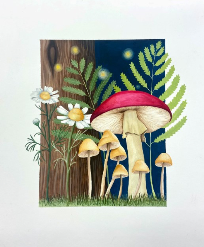 A gouache painting of a tree, mushrooms, and foliage