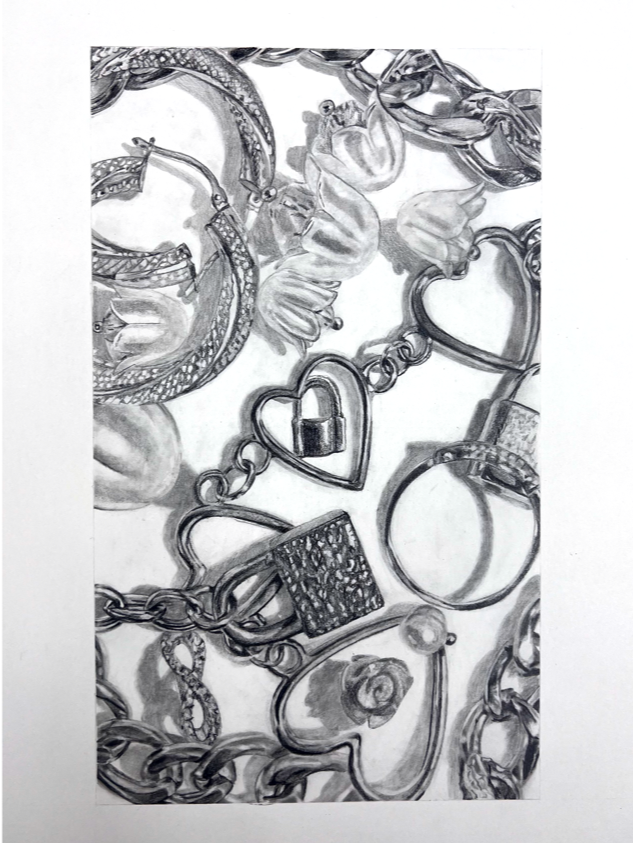 A graphite drawing of jewelry