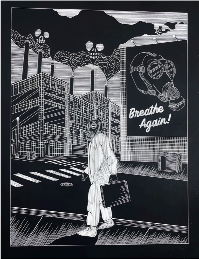 A drawing of a man wearing a hazmat suit and gas mask in the middle of the city