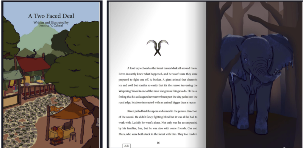A photo spread that exhibits a shot of an outside village, a preview of one of the pages of the book, and an illustrated blue elephant.