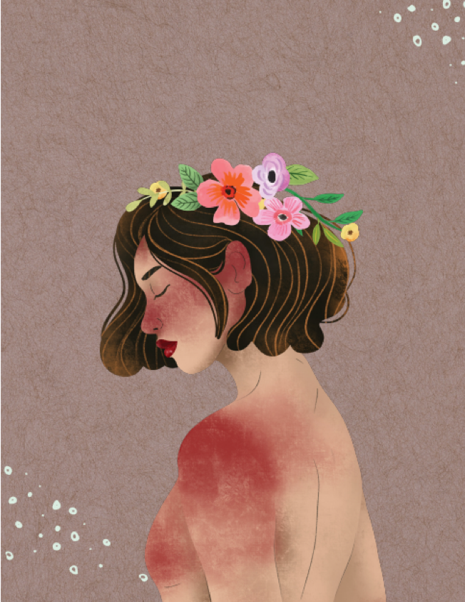 An illustration of a side profile view of a girl with brown hair with flowers on her head