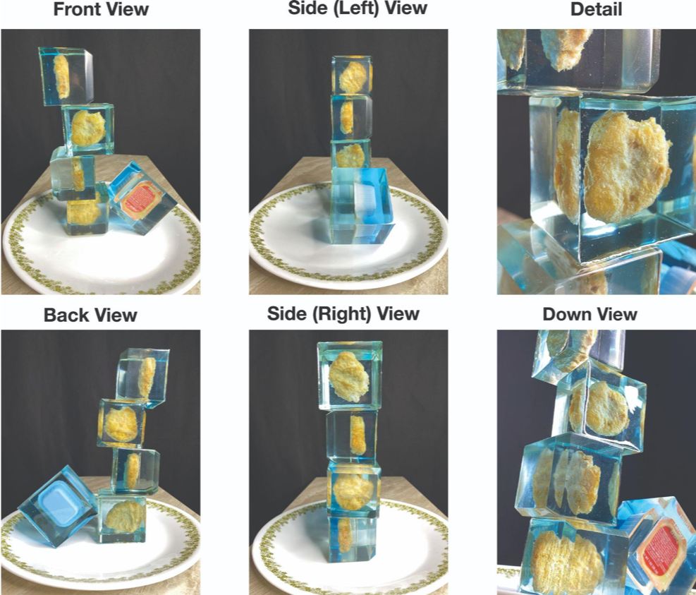 A photograph of fast food products encased in a hardened preserving liquid