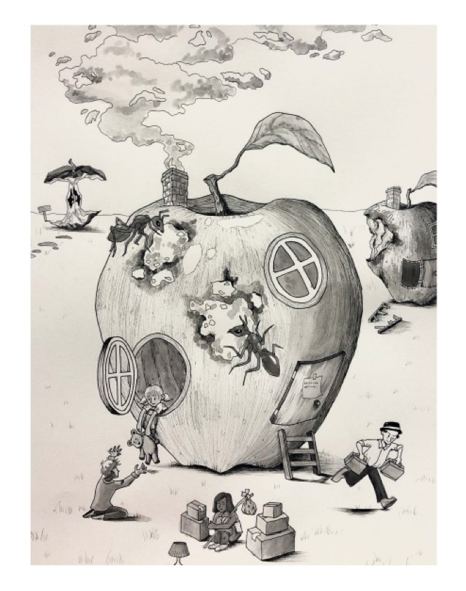 A pen and ink drawing depicting an apple house being eaten by ants while people are fleeing from the scene.