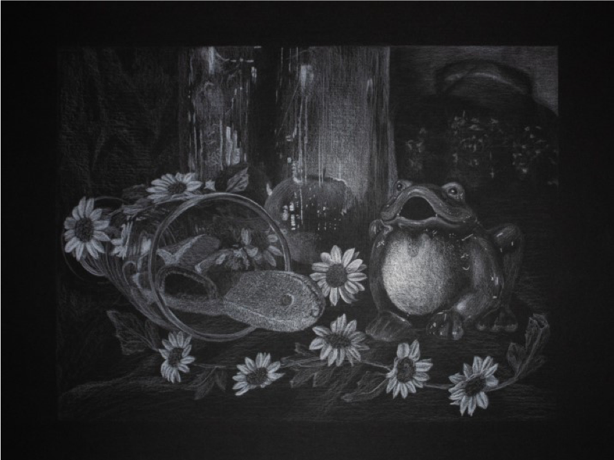 A still life white Prismacolor drawing on black illustration board of a frog