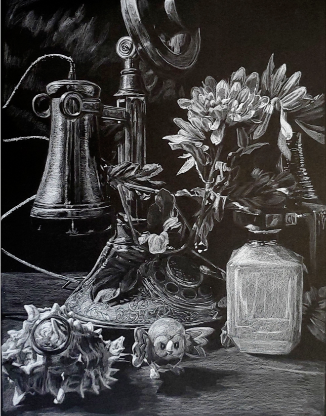 A white Prismacolor drawing on black illustration board, featuring a telephone, flowers, a toy, and a shell