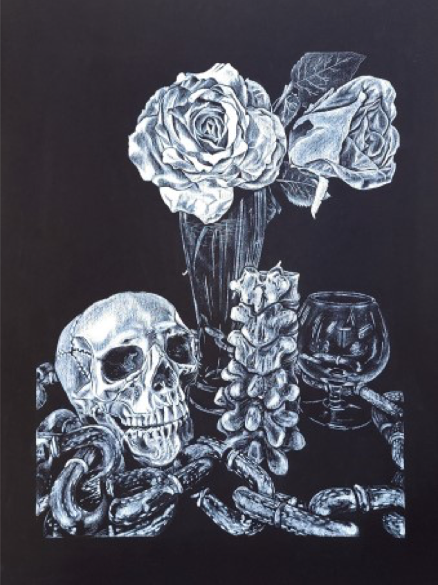 A white Prismacolor drawing on black illustration board exhibiting a skull, flowers, and other trinkets.