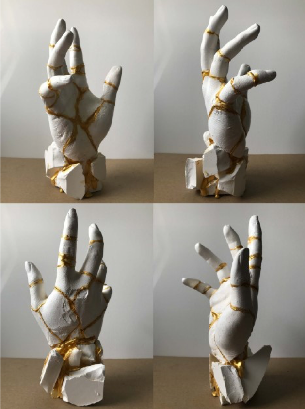 A collage of pictures exhibiting a hand sculpture
