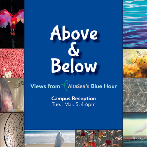 blue box in white text above and below with to boxes with art work around it