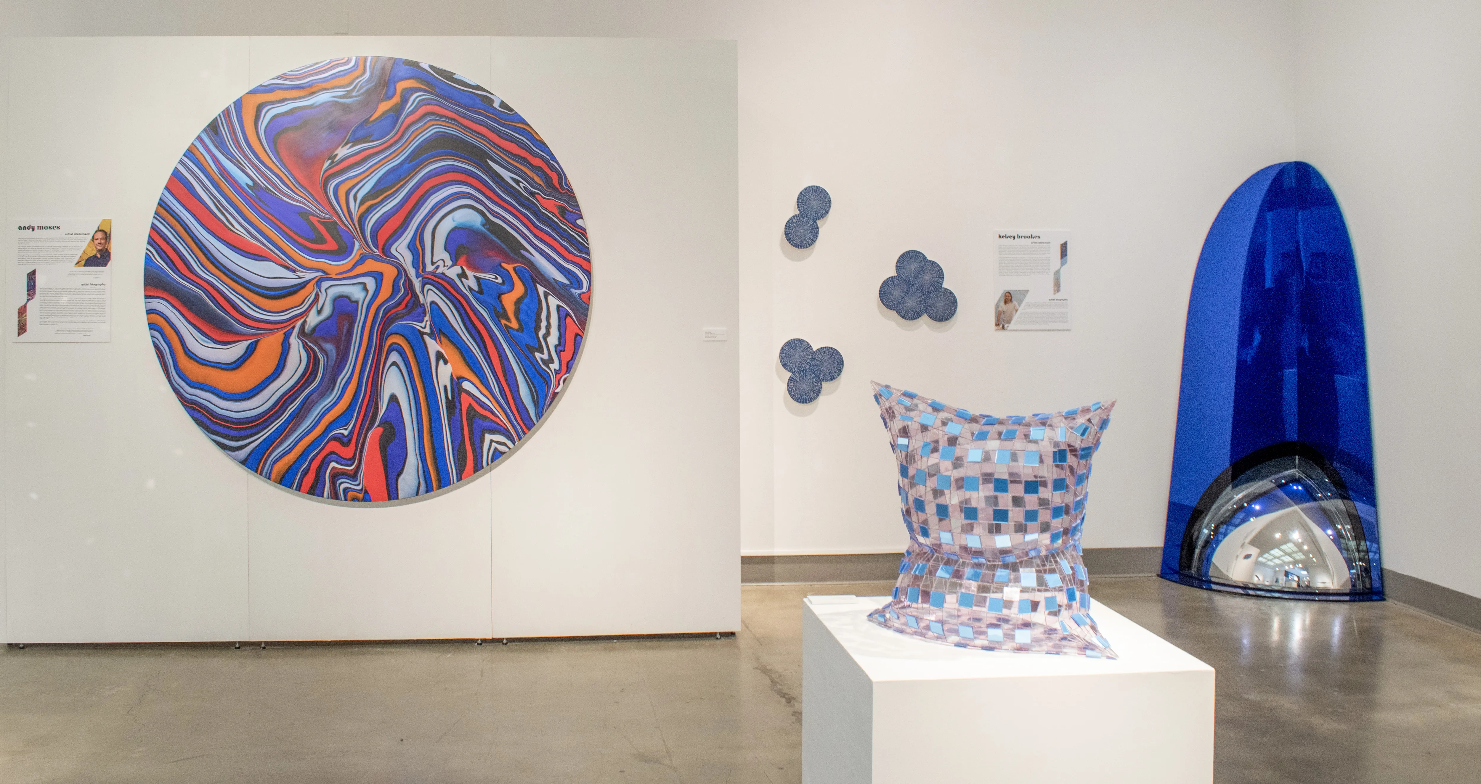 Installation view of the West Gallery's west wall, showcasing work by Andy Moses, Kelsey Brookes, Colin Roberts and Seda Saar.