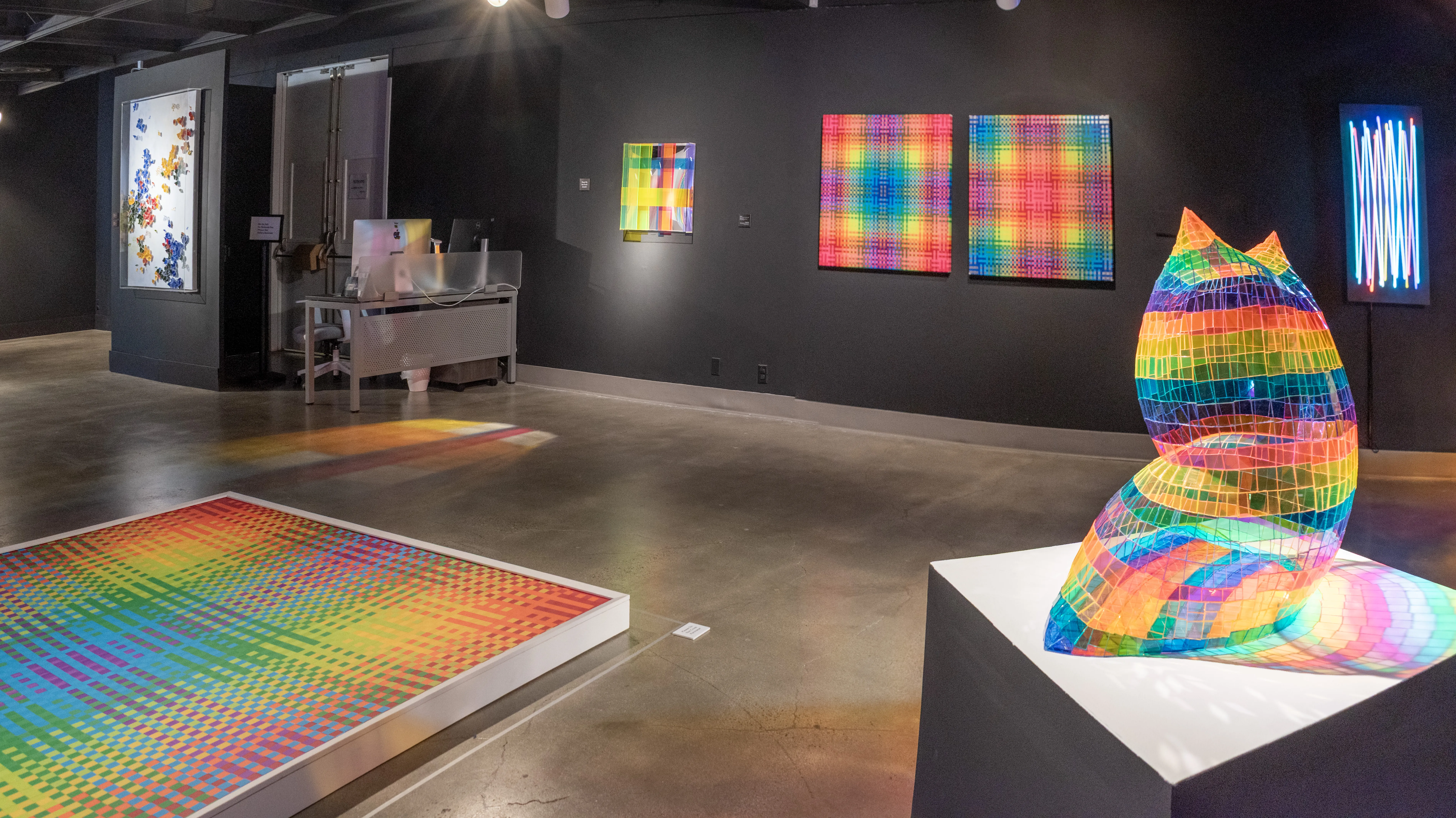 panoramic shot of the back gallery featuring artwork by Seda Saar and Megan Geckler.