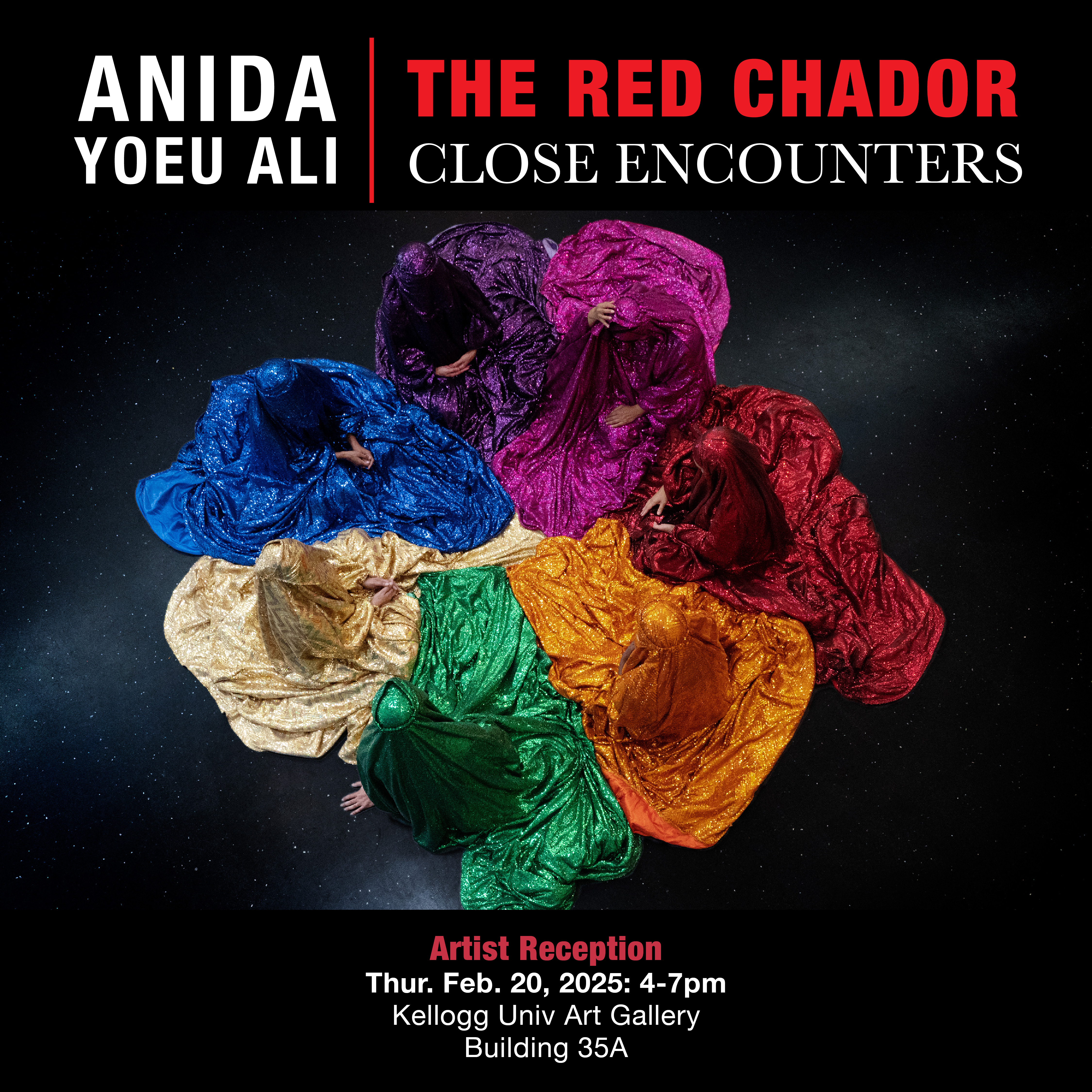 The "Rainbow Brigade" sit in a circle within a dark room with info about the artist reception provided below