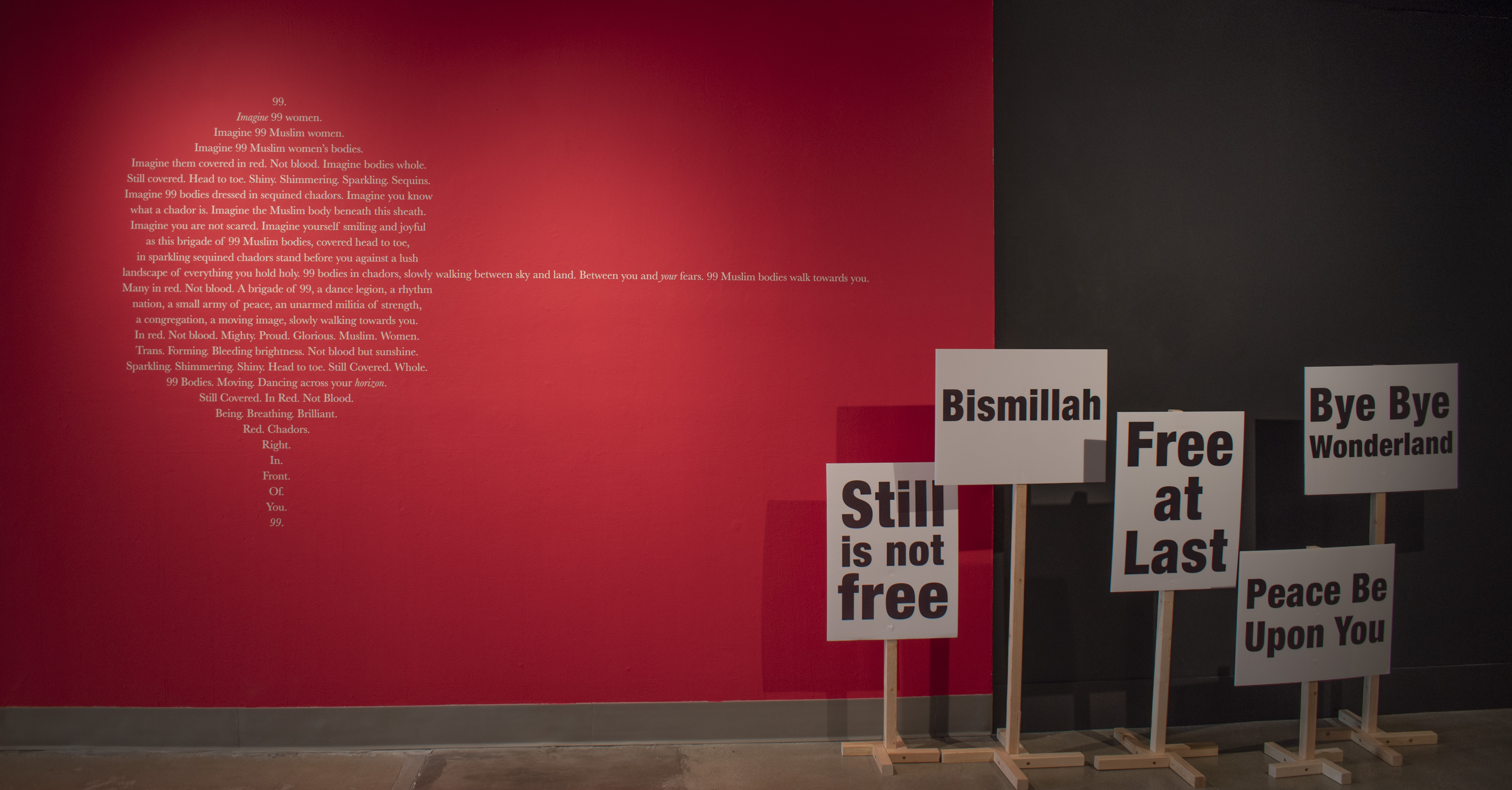 Corridor vinyl display with protest signs