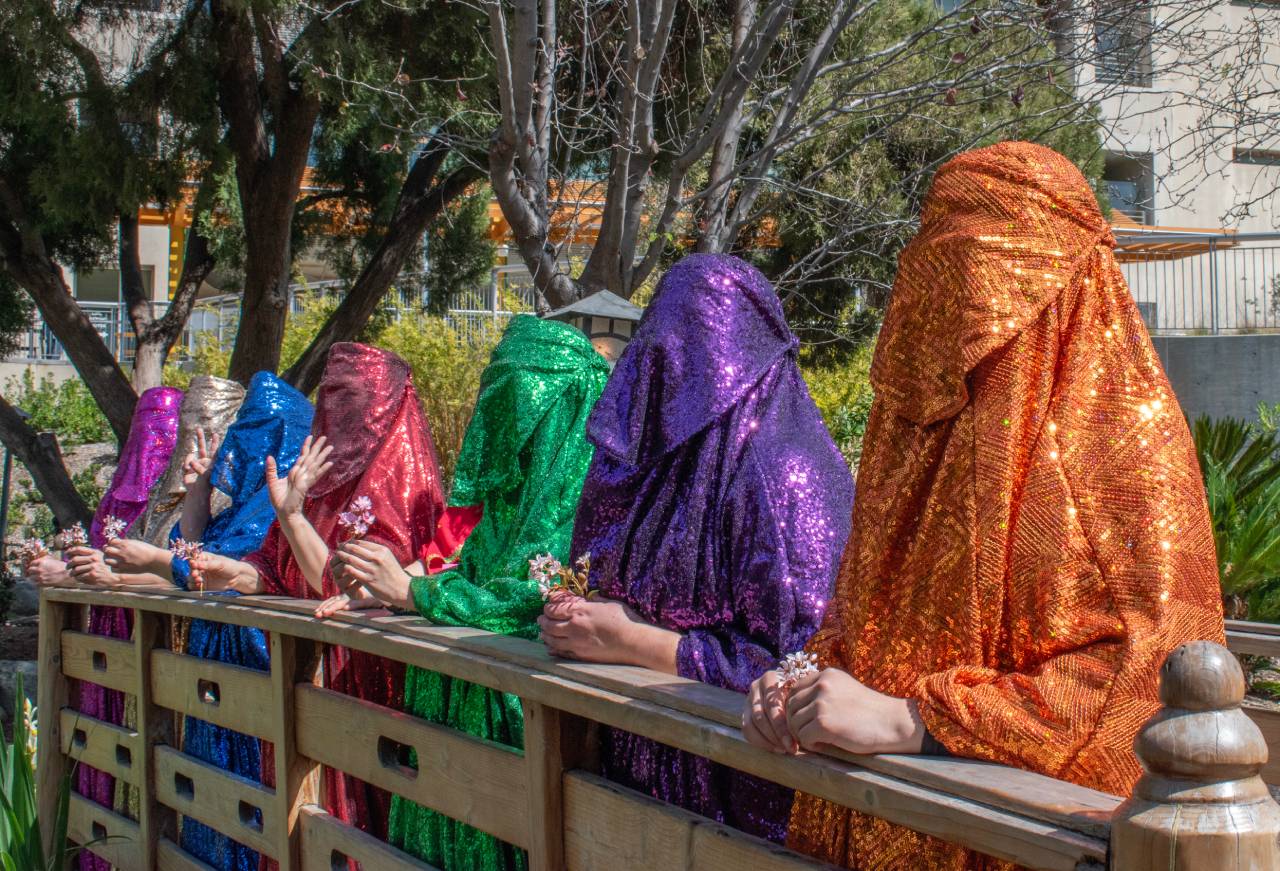 Rainbow Brigade standing on the bridge within the Japanese Garden.