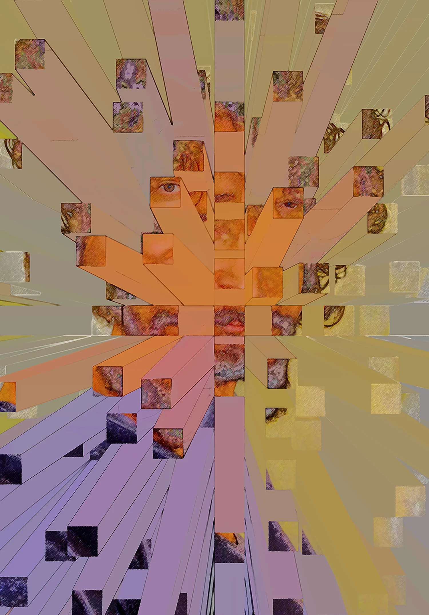 Stylized photo of Hylton with a face made of cubes and blocks.