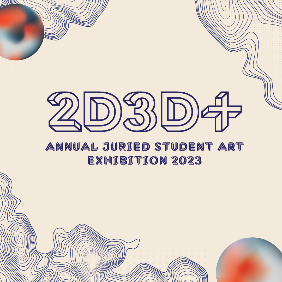 2d3d+ in blue with beige background with linear swirls around the corners