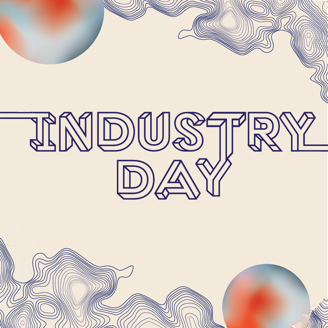 Industry day in blue and linear swirls at the top and bottom 