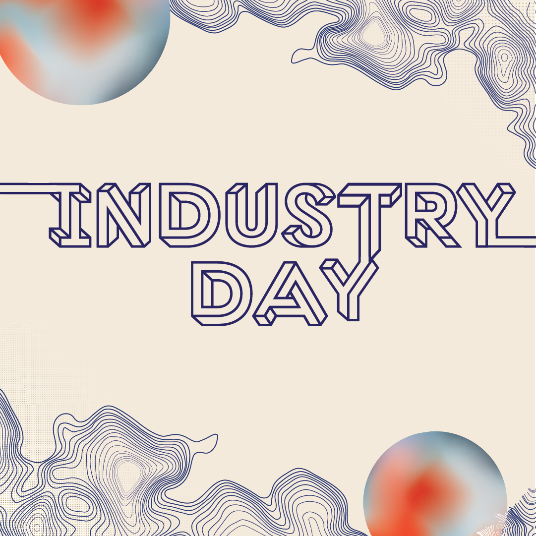 Industry day in blue and linear swirls at the top and bottom