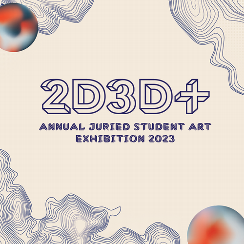 2d3d+ in blue with beige background with linear swirls around the corners