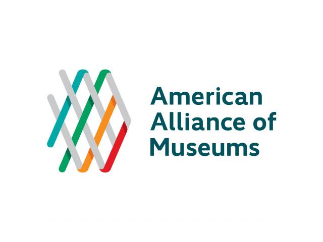 blue text reads: American Alliance of Museums. Graphic logo of grey and colorful lines