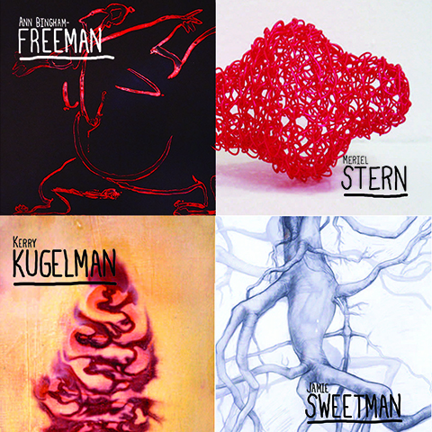 four square images of artworks by Ann Bingham Freeman, Kerry Kugelman, Merial Stern & Jamie Sweetman