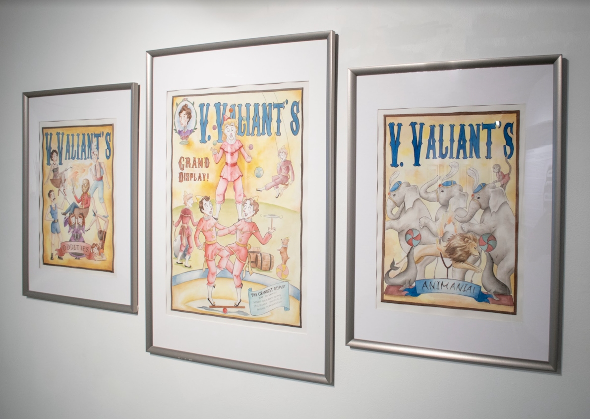 3 watercolor posters of various circus scenes