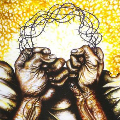 painting of hands holding wire crown