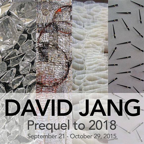 Graphic with four vertical up close images of grey and white textured sculptures. Black text reads: David Jang: Prequel to 2018. September 21 - October 29, 2015