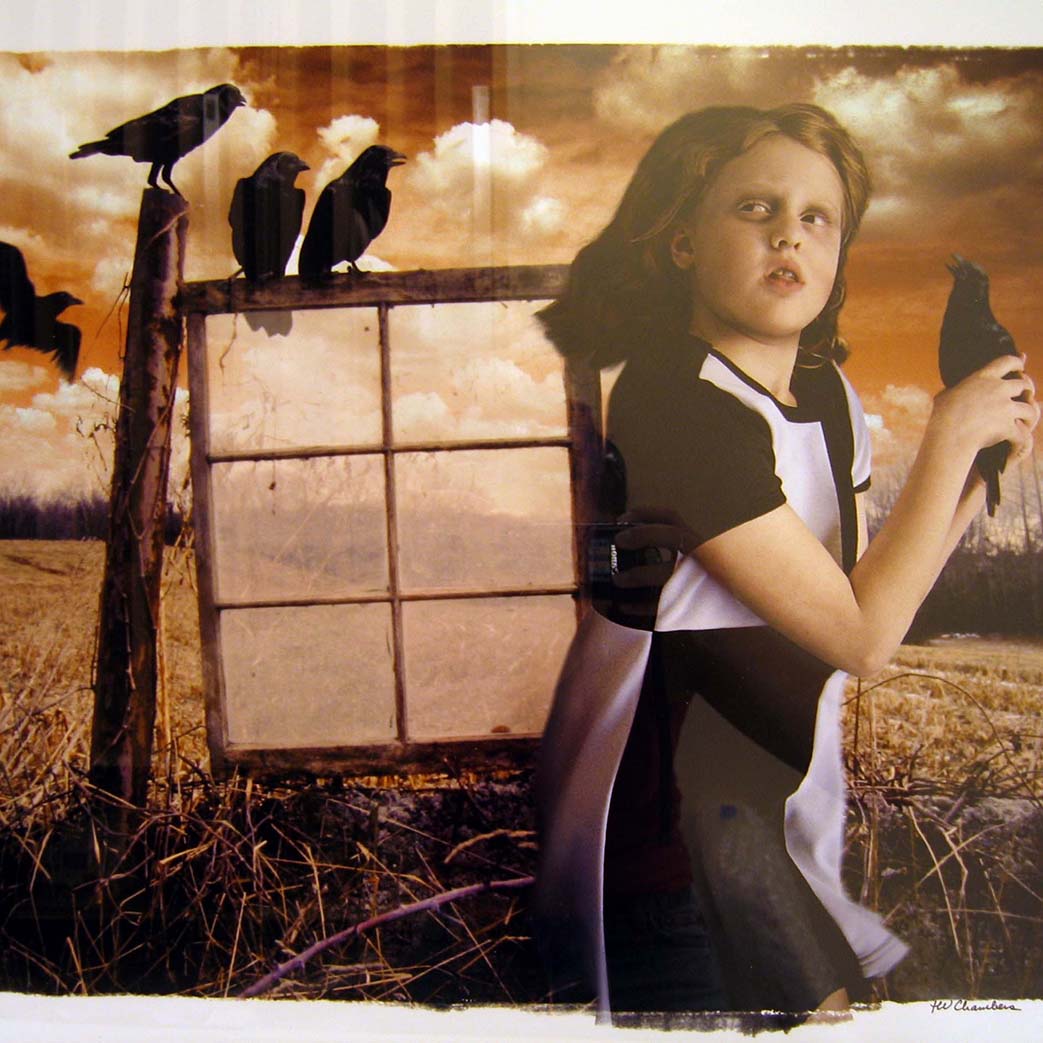 digital collage of a young girl holding a crow looking over her shoulder. She is standing in a field with a window sitting right behind her, with other crows sitting on it. The whole piece has a sepia color filter over it.