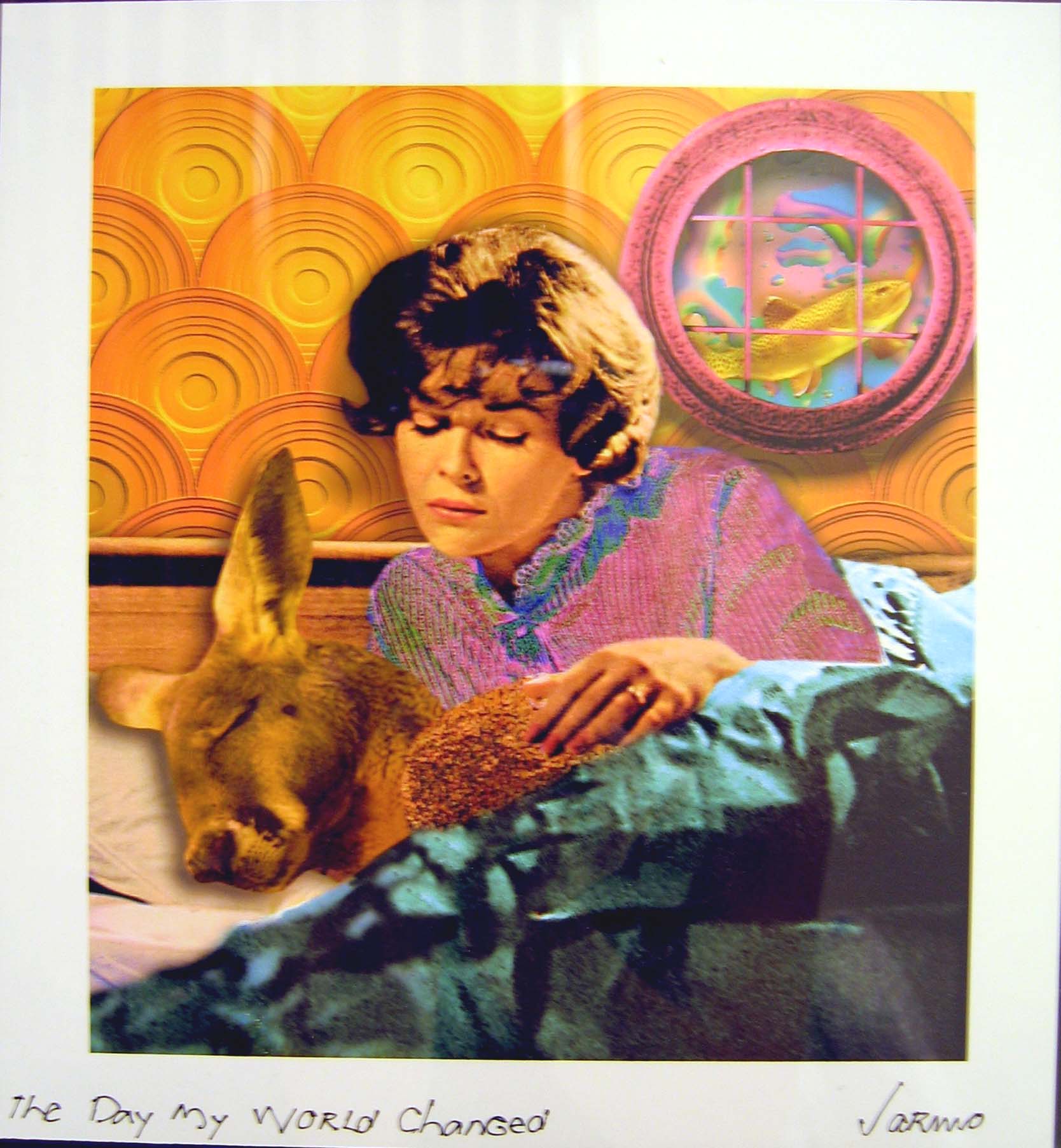 digital collage of a woman tucking a kangaroo into bed. orange, scalloped wallpaper in background. Window on wall shows a fish swimming outside. Hand written text at bottom of image says: The Day My World Changed. Jarmo