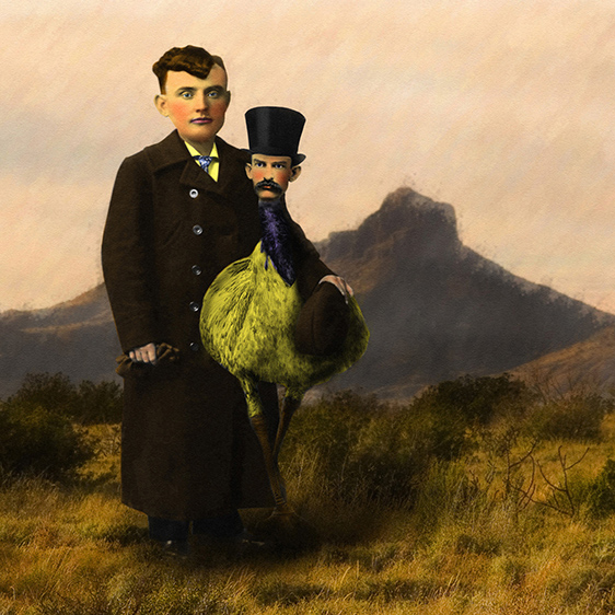 digital collage of a boy holding a turkey with a mans head. Background is rural landscape.