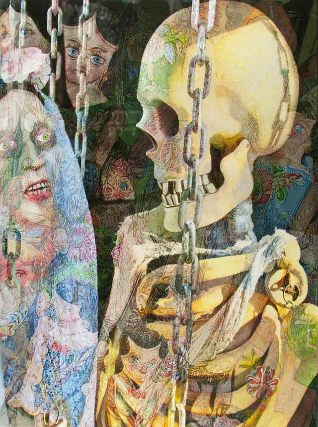 painting featuring yellow Skelton sitting on a swing with weird faces looking at it