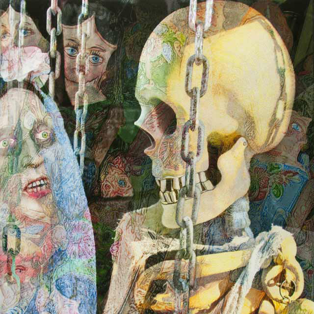 painting featuring yellow Skelton sitting on a swing with weird faces looking at it