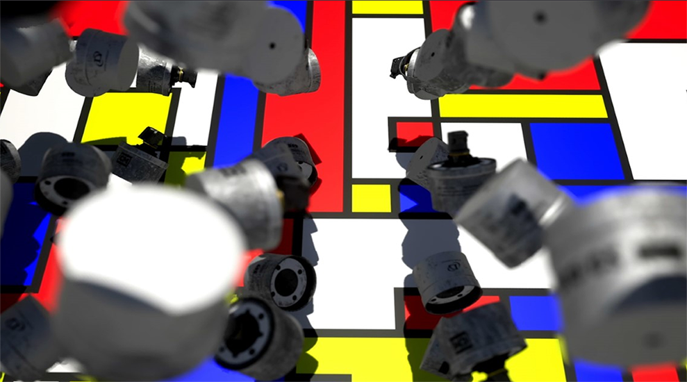 Background is composed of a series of a graphic, grid-like patterns of geometric shapes (squares and rectangles) in primary colors of blue, red and yellow, plus black and white, similar to a Mondrian painting in style. Overlayed in black, white and shades of grey are a series of synthetically-generated images of exploded tear gas grenade canisters used to disburse immigrants at the US/Mexican border in November 2018.  
