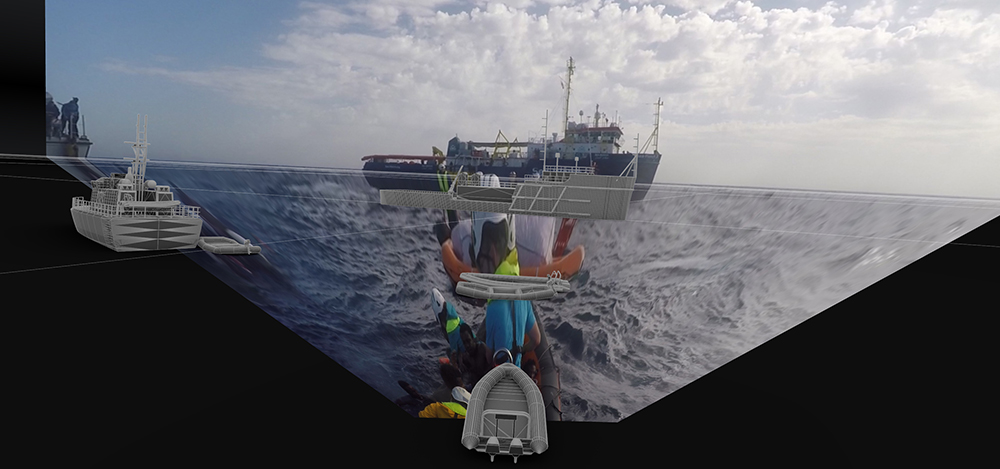 A reconstruction of the altercation of search and rescue operations in the central Mediterranean on 6 November 2017. Computer enhanced  view of several  boats at sea: Three boats situated to the right. 4-5 others centrally located in a T-like formation. Seas are rough. Sky toward the top left is blue, and partially cloudy to the right. Totality of view appears somewhat like viewer is peering in from a dark portal inside a ship, with black triangulations happening at the bottom left and right borders of the picture frame. 