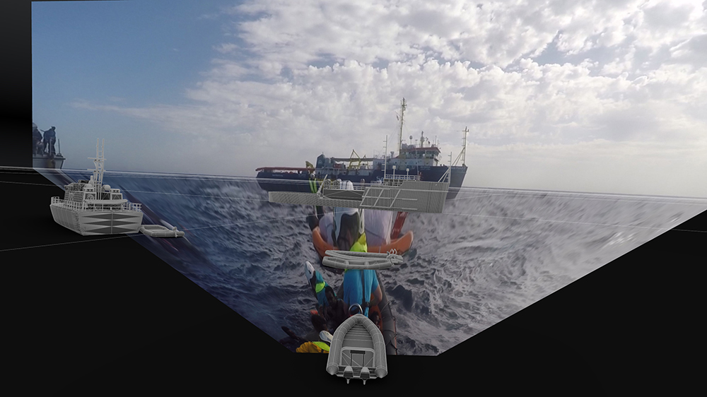 A reconstruction of the altercation of search and rescue operations in the central Mediterranean on 6 November 2017. Computer enhanced  view of several  boats at sea: Three boats situated to the right. 4-5 others centrally located in a T-like formation. Seas are rough. Sky toward the top left is blue, and partially cloudy to the right. Totality of view appears somewhat like viewer is peering in from a dark portal inside a ship, with black triangulations happening at the bottom left and right borders of the picture frame. 