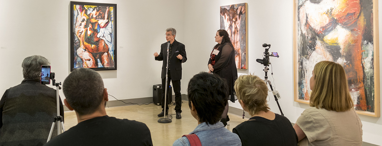 Artist Talk during the "Jim Morphesis: Passion and Presence, Memento and Myth" Reception. Exhibited 11/18/2017 at the Kellogg Gallery. Photo Credit: Bill Gunn, Wolverine Photography.
