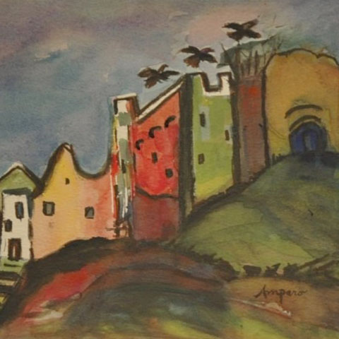 Abstract oil painting of a village in a valley