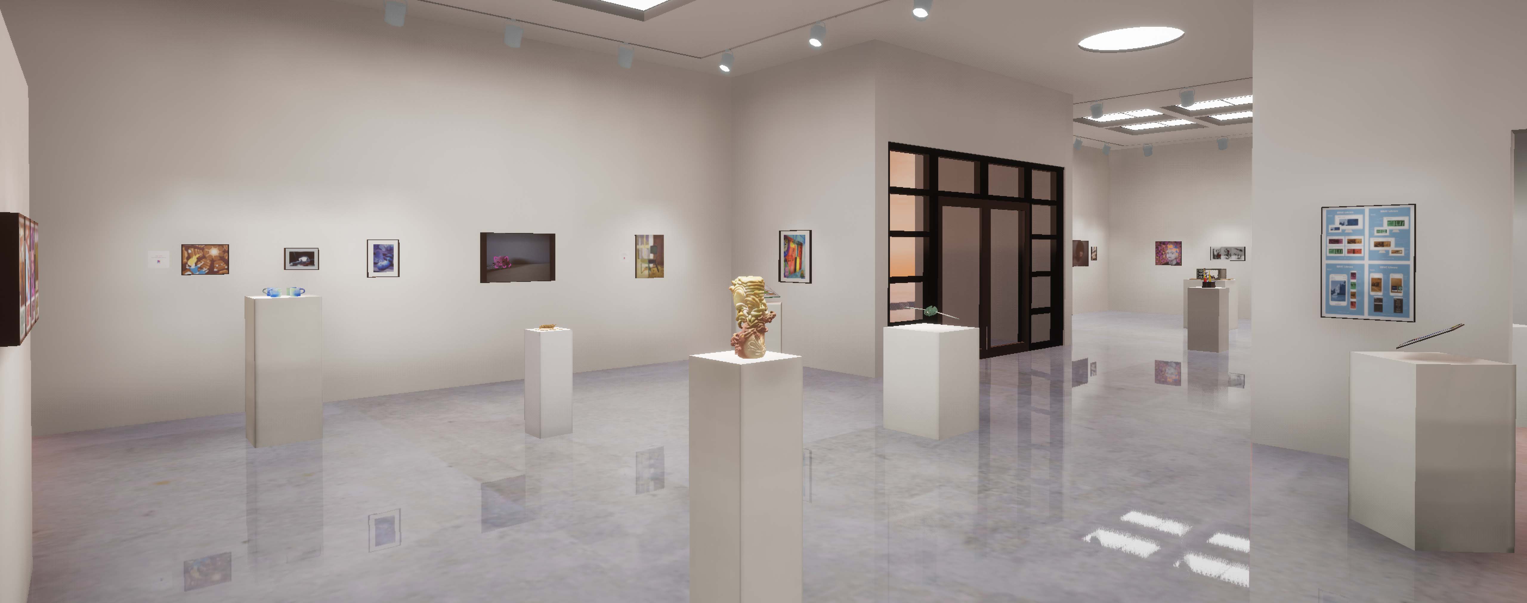image of virtual gallery space with various sculptures on stands and 2d work mounted on the walls.